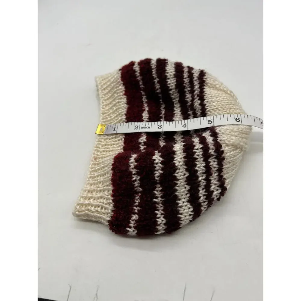Knit Woven Wide Cream Burgundy Red Stripe Beanie‎ Knit Hat Boho XS